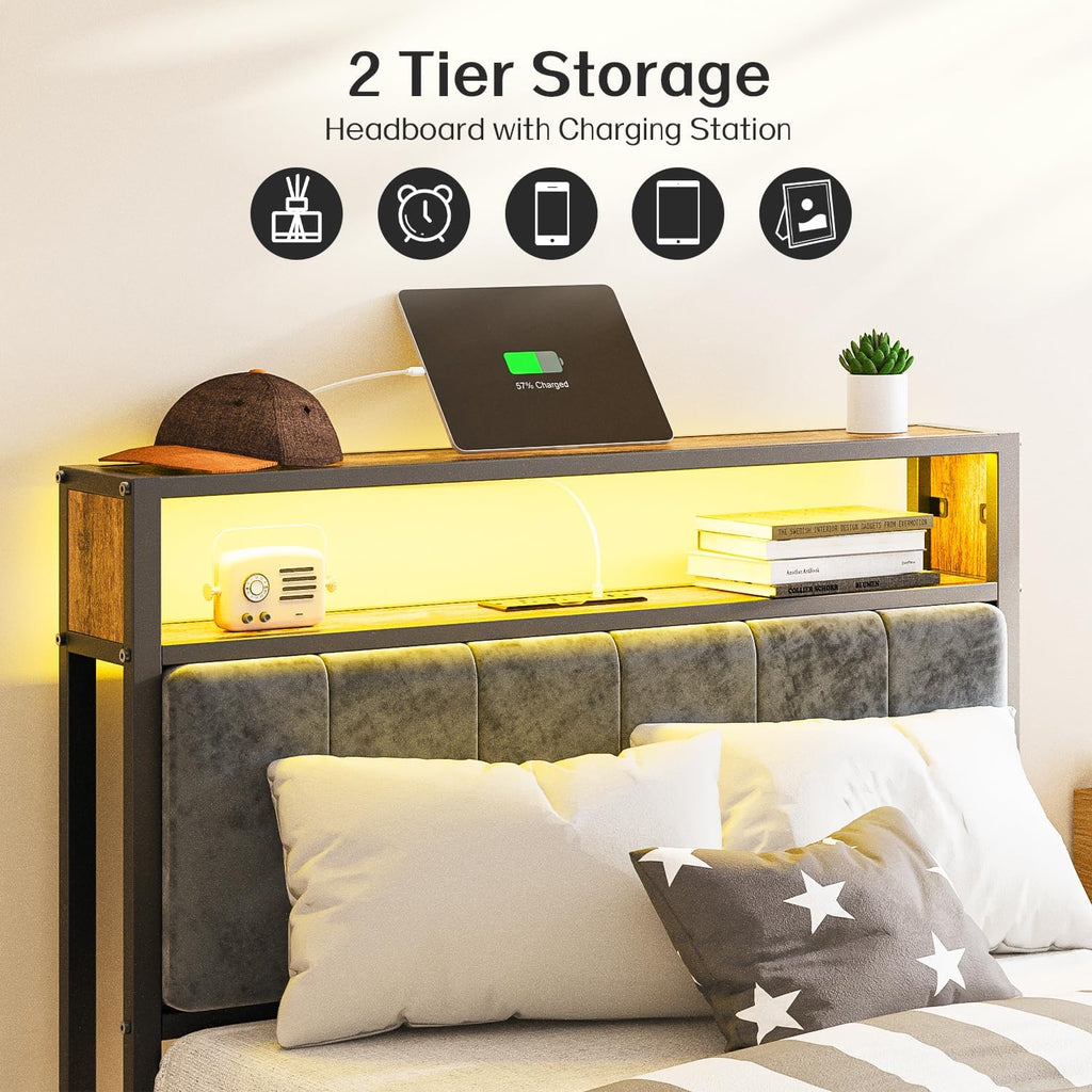 Cadre de lit simple OLEVS avec tête de lit et station de charge de type C