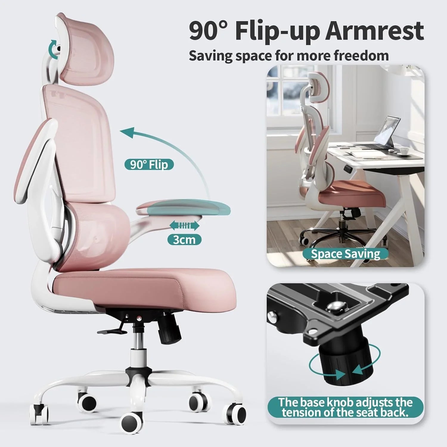 Chaise de bureau ergonomique, chaise de bureau en maille avec roulettes, capacité de charge de 150 kg, chaise de jeu confortable, dossier haut