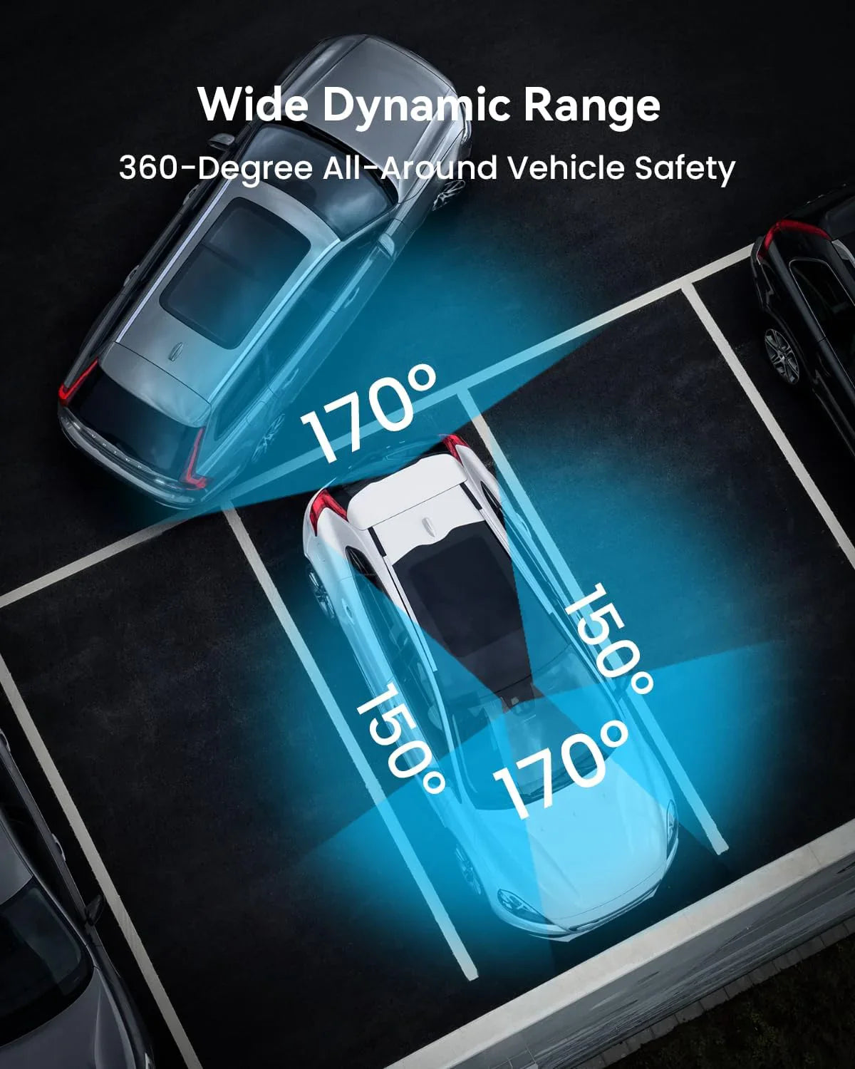 Channel Dashcam met 360° beeld, 1080p resolutie, 8 infraroodlampen voor nachtzicht, 5G wifi en app-bediening, accelerometer, parkeermodus en een gratis 128GB SD-kaart. 