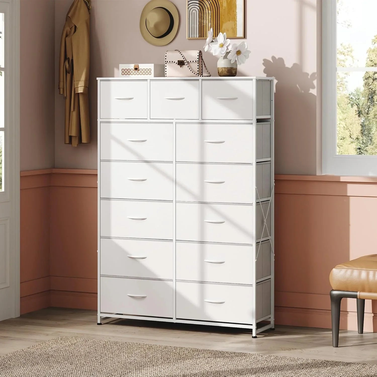 Meuble de rangement WLIVE avec 13 bacs en tissu, tiroirs de rangement avec cadre en acier, grande tour de rangement pour salon, couloir, bureau, noir anthracite