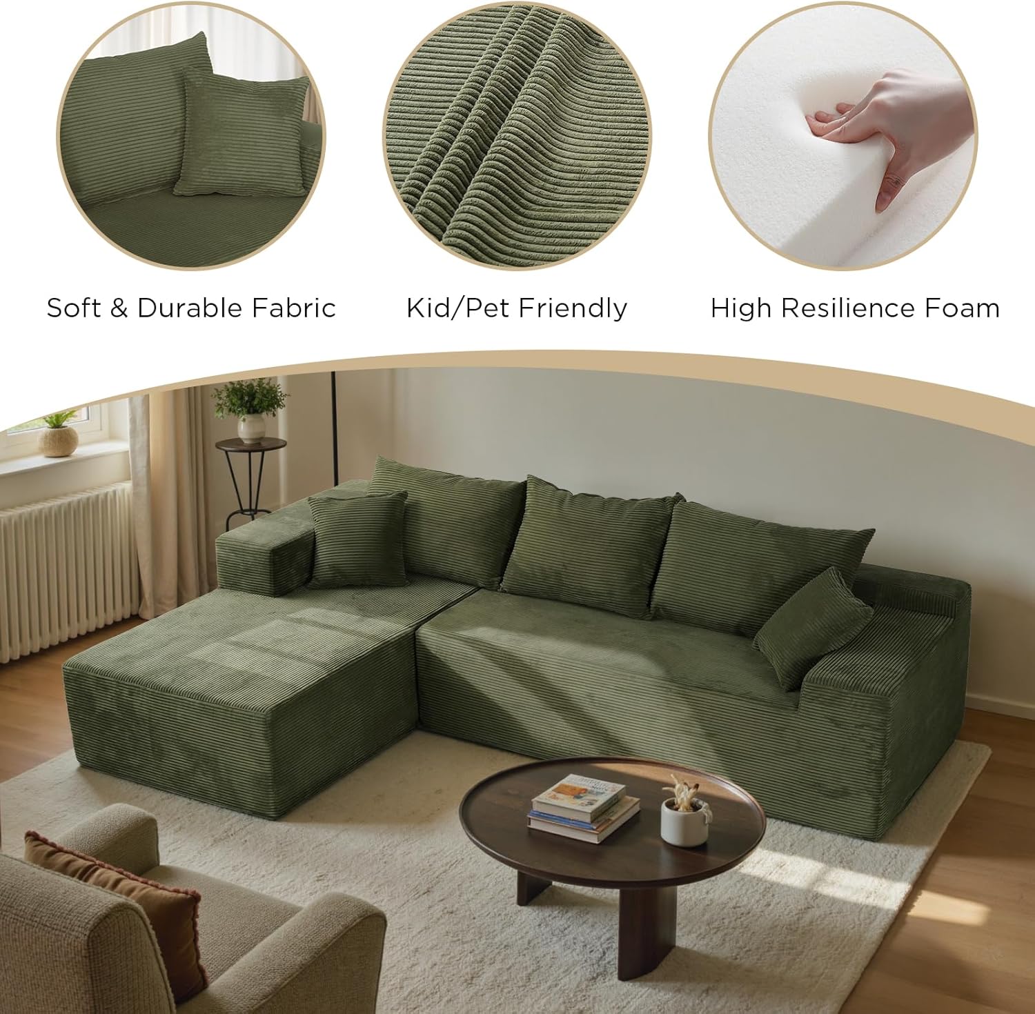 Cloud sofa with L-shaped lounge chair, modern modular sofa with deep seats