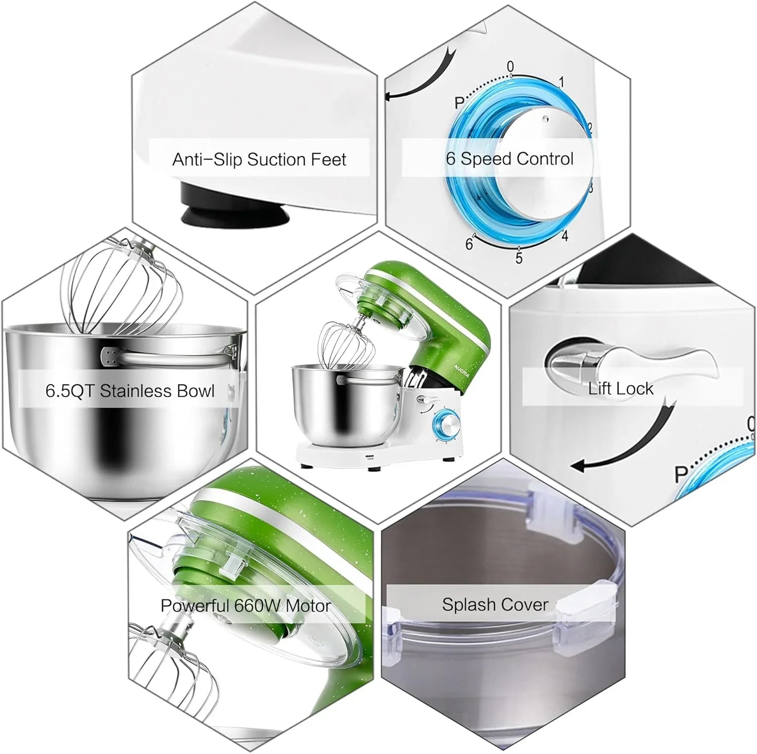 Batteur sur socle Aucma, 6,5 pintes, 660 W, 6 vitesses, tête inclinable, batteur électrique de cuisine avec crochet pétrisseur