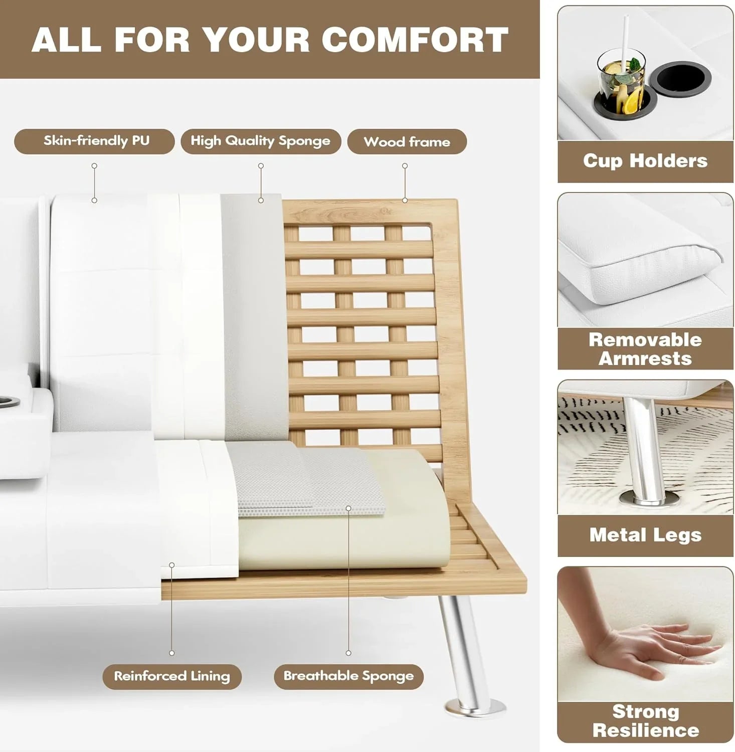 Canapé-lit futon Homall, canapé-lit futon en cuir avec accoudoirs amovibles, canapé-lit inclinable réglable avec deux porte-gobelets pour salon et appartement