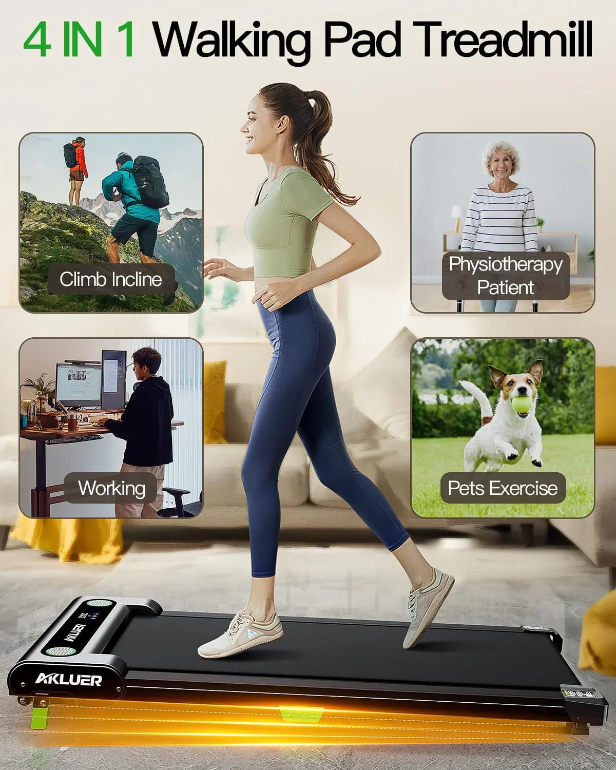 Tapis de course incliné Akluer 2,5 CV, petit tapis de course sous le bureau avec télécommande et écran LED