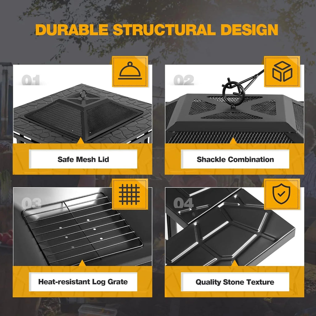 Foyer d'extérieur Devoko, table de foyer de 32 pouces, foyers d'extérieur en métal avec housse étanche pour terrasse extérieure et camping