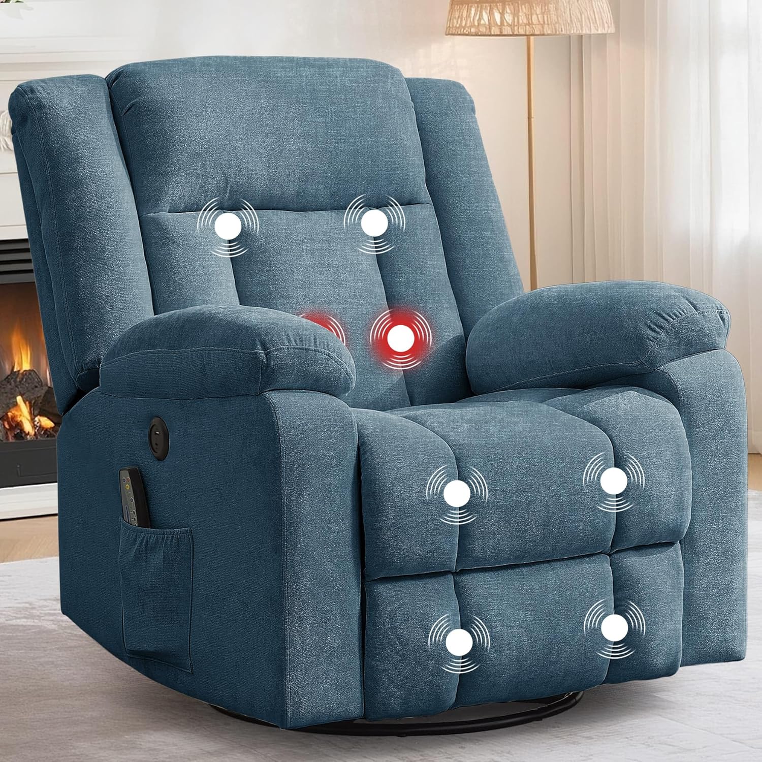 Fauteuil à bascule pour adulte, fauteuil inclinable coulissant, fauteuil à bascule rotatif à 360° avec fonction massage et chauffage