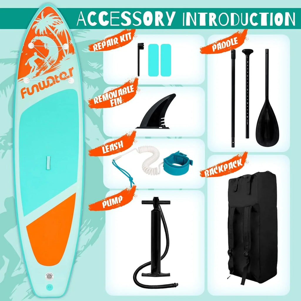 Planche de stand up paddle gonflable FunWater avec accessoires de pagaie SUP haut de gamme, pont EVA antidérapant, pagaie 11'/10'6'