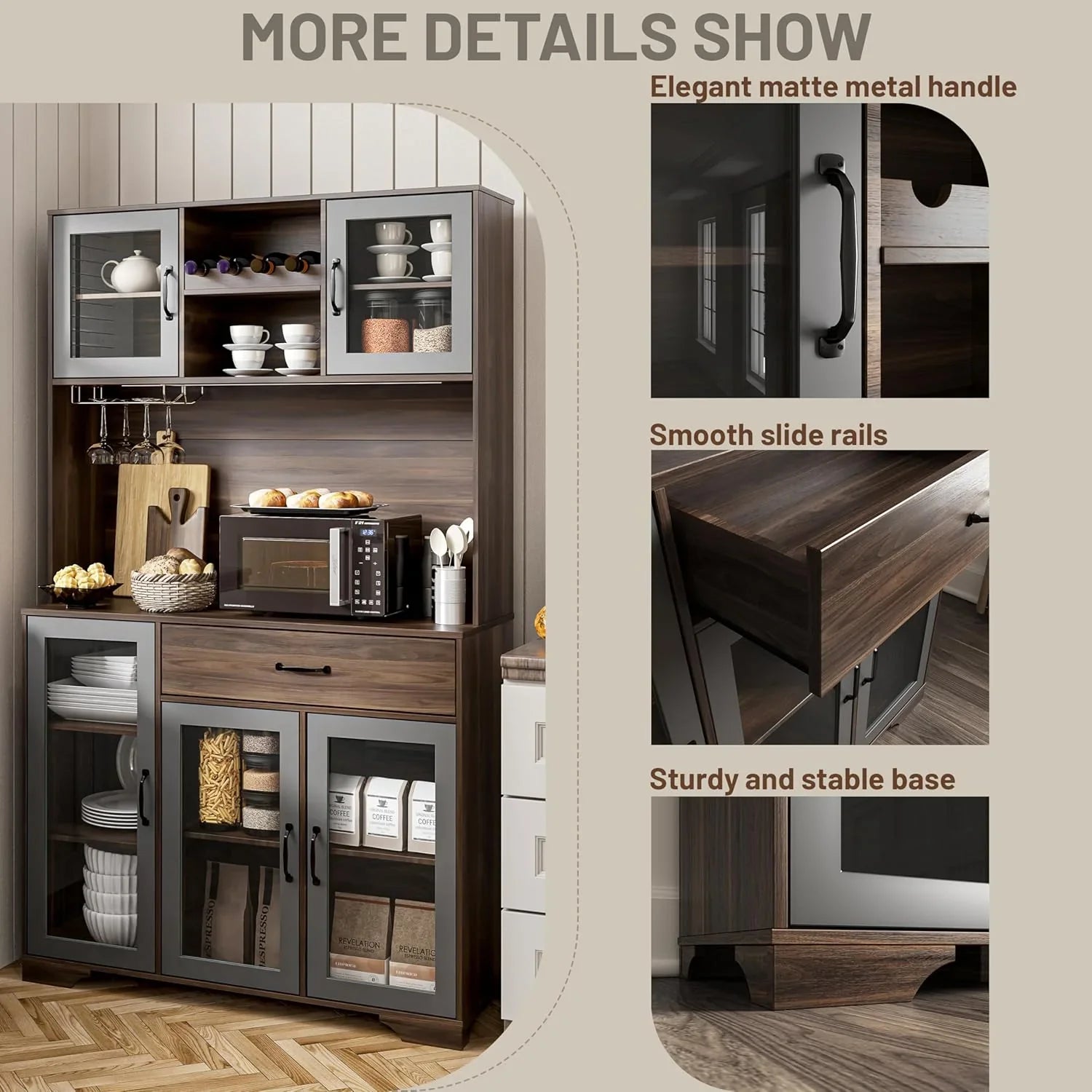 Armoire de garde-manger de 180 cm de haut avec portes vitrées