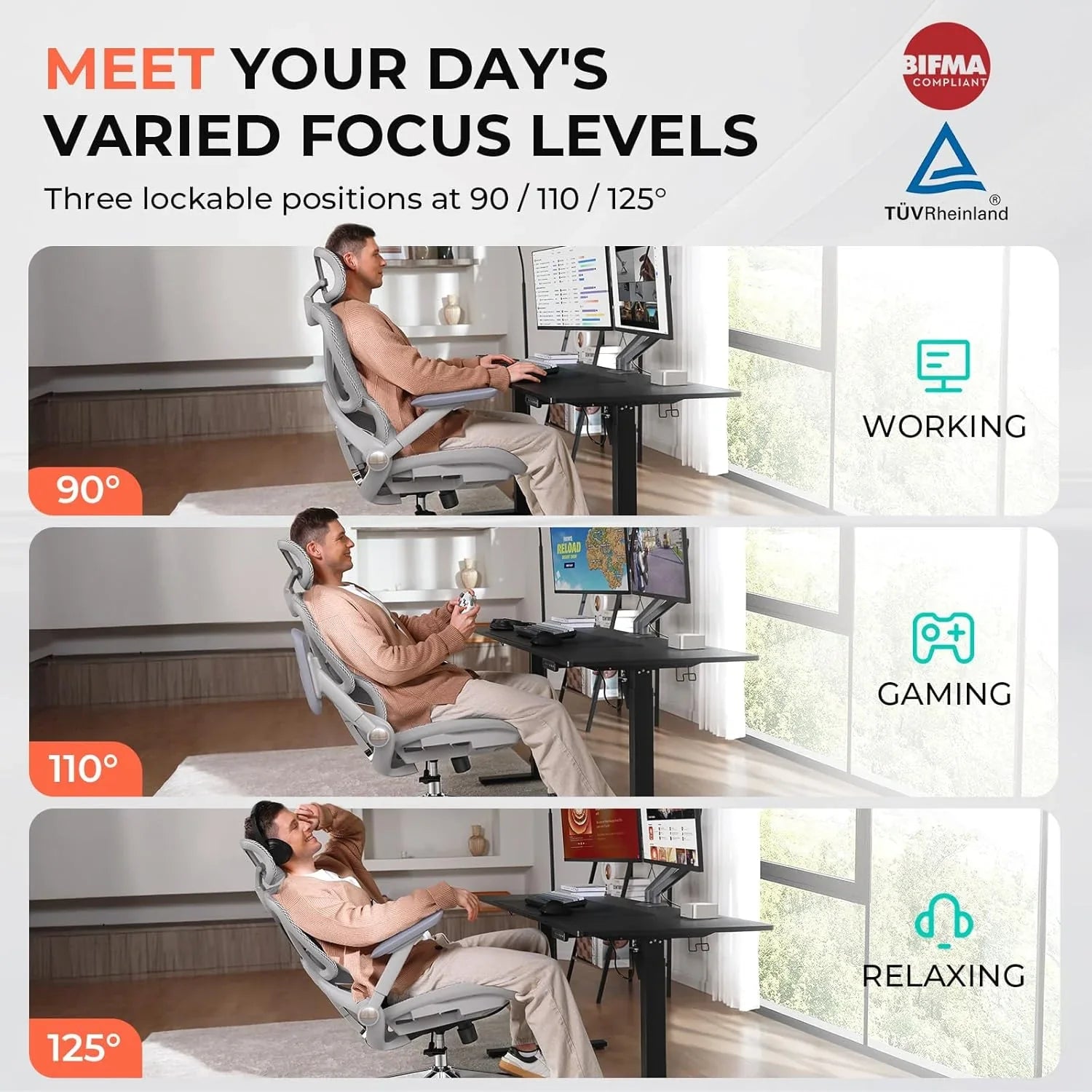 Chaise de bureau ergonomique en maille avec dossier haut réglable lombaire, capacité de charge de 400 lb