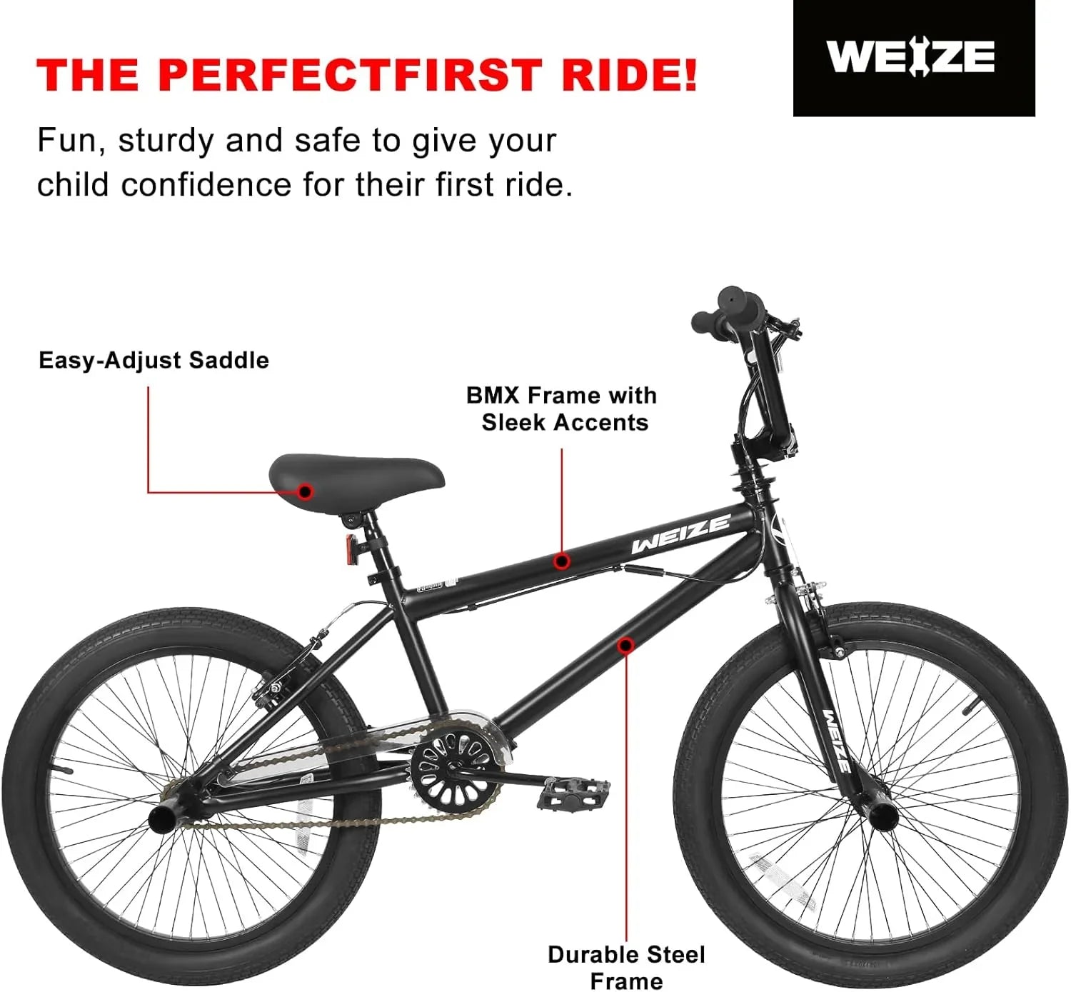 Vélo BMX Freestyle WEIZE 20 pouces pour enfants et adultes, cadre en acier haute résistance